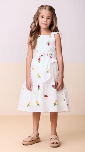 Vestido Tricoline Limao E Flor Off White