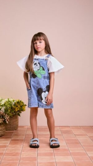 Jardineira Jeans Animê Disney Minnie E Mickey