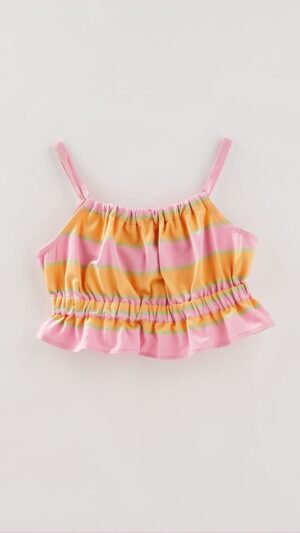 Cropped Fábula Listrado Com Babado Rosa