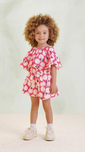 Conjunto Animê Minnie Mouse Rosa Neon