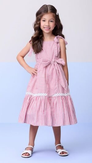 Vestido Momi Listrado Com Laço Vermelho