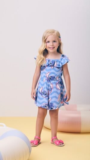 Macaquinho Momi Stitch Disney Azul Com Babado