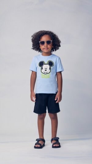 Conjunto Youccie Camiseta Azul Mickey Com Bermuda Tecido