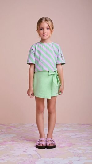 Conjunto Animê Candy Color Blusa Listrada Short Saia Laço