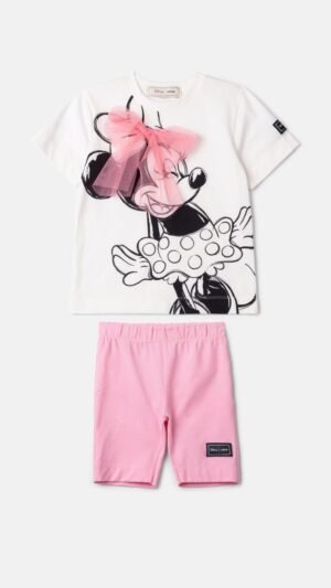 Conjunto Animê Com Bermuda Minnie Com Laço Rosa
