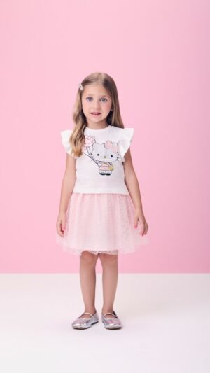 Conjunto Momi Hello Kitty Com Saia Tulê Rosa