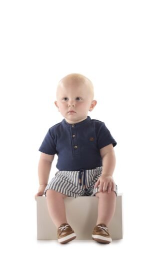 Conjunto Up Baby Menino Casual Azul Com Bermuda Listrada